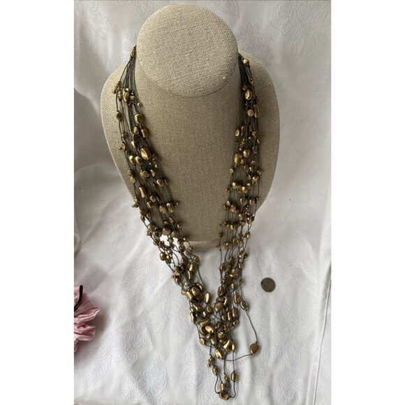 Chicos Olive Green Matte Gold Tone 23" Long Bead Statement Necklace NEW - Picture 6 of 13